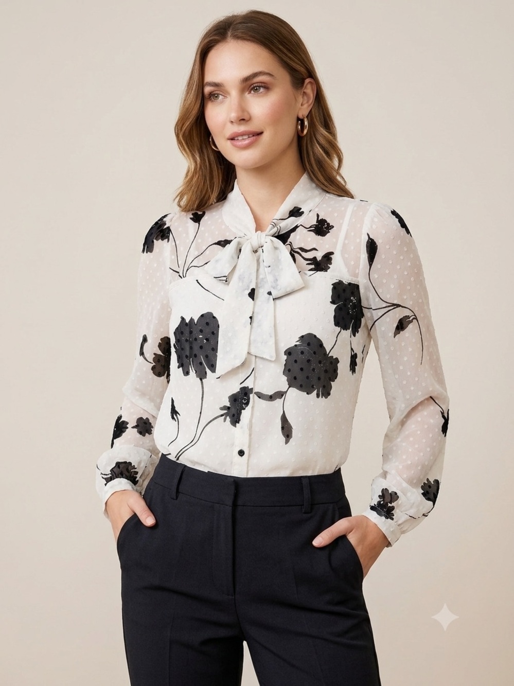 Monteau LA Sheer Floral Swiss Dot  Bow Blouse - S